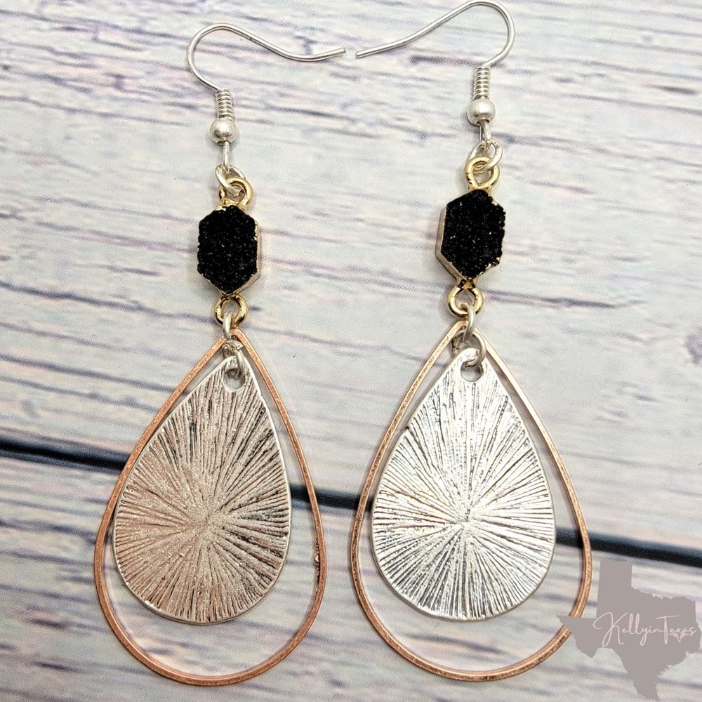 Boho Druzy Earrings in Silver & Black